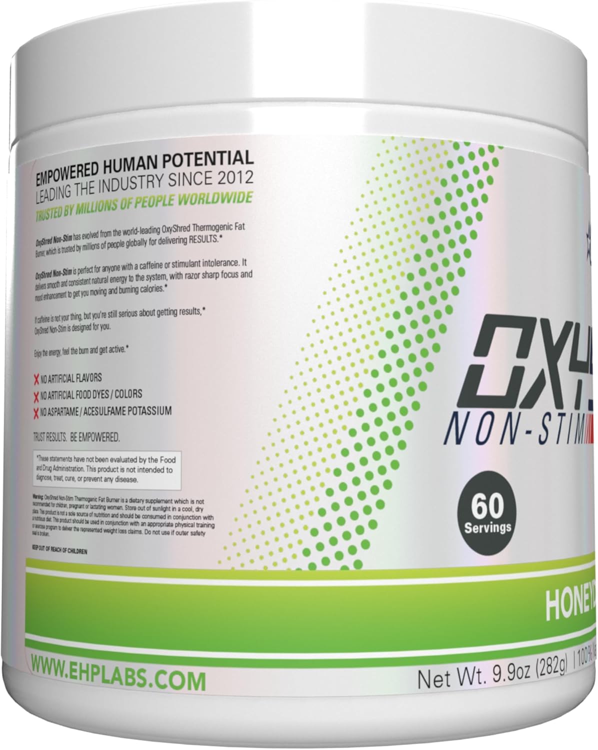 EHP Labs OxyShred Non Stimulant Pre Workout Powder - Honeydew Melon Flavor, 60 Servings, Caffeine Free & L Glutamine for Men & Women