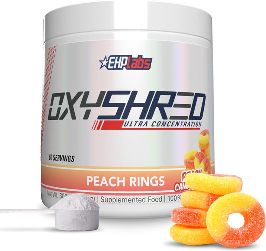 EHP Labs OxyShred Peach Candy Rings Pre Workout Powder - Energy Boost Drink with L Glutamine & Acetyl L Carnitine - 60 Servings