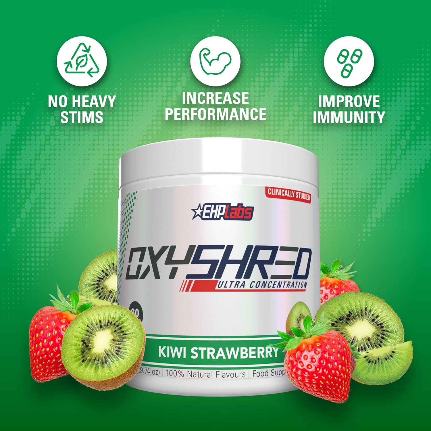 EHP Labs OxyShred Pre Workout Powder - Energizing Kiwi Strawberry Drink with L Glutamine & Acetyl L Carnitine - 60 Servings