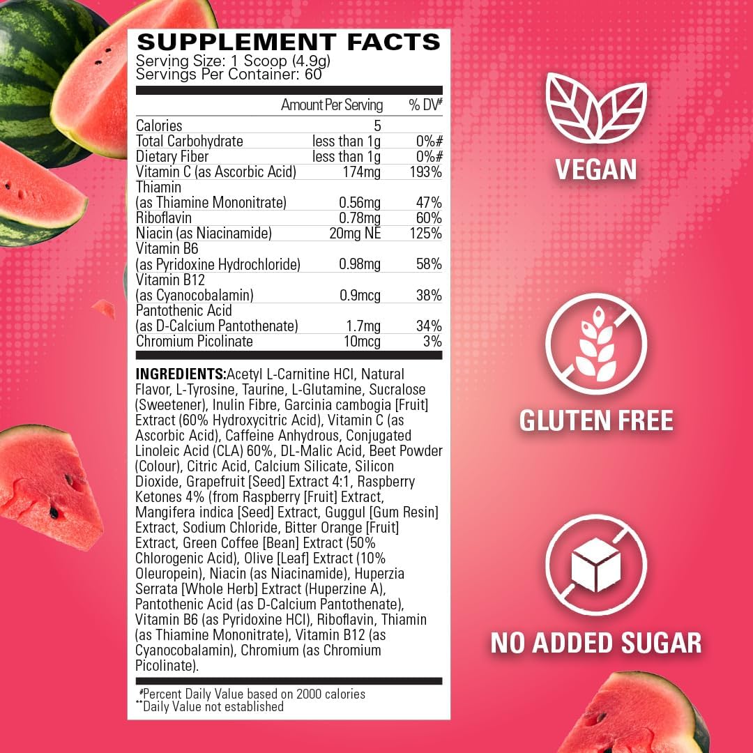 EHP Labs OxyShred Pre Workout Powder - Energy Boost Drink with L Glutamine & Acetyl L Carnitine, Juicy Watermelon Flavor, 60 Servings