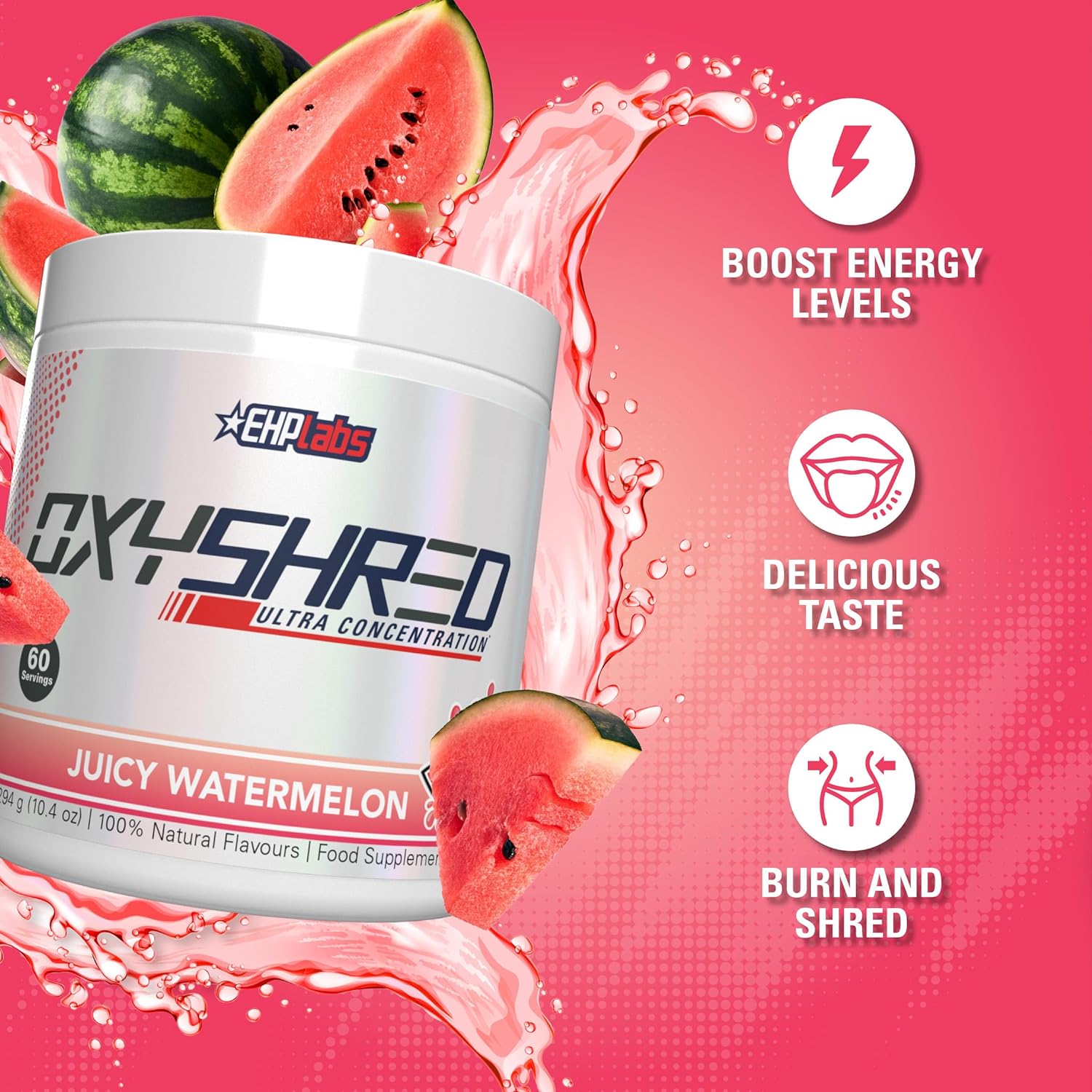 EHP Labs OxyShred Pre Workout Powder - Energy Boost Drink with L Glutamine & Acetyl L Carnitine, Juicy Watermelon Flavor, 60 Servings