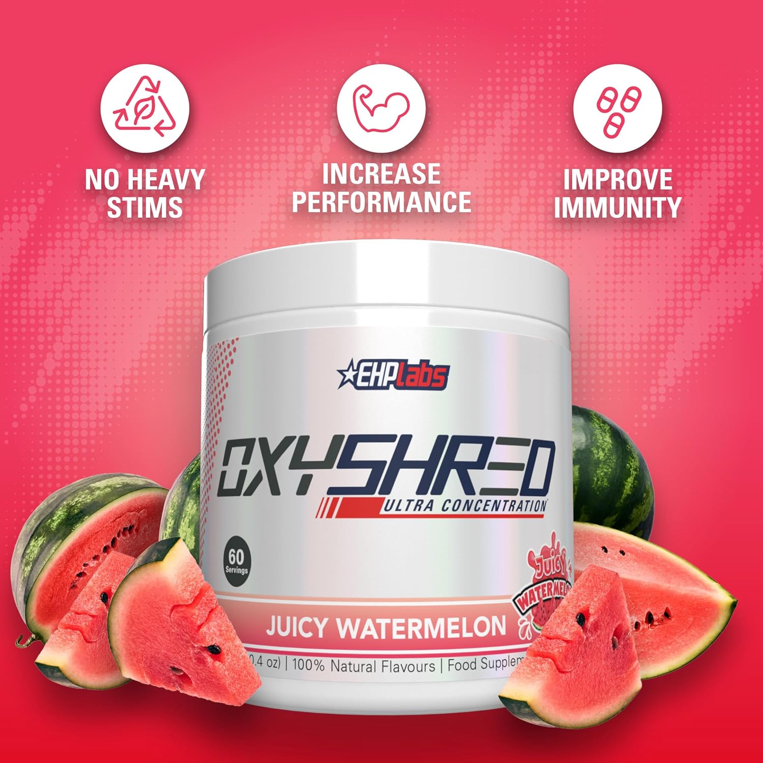 EHP Labs OxyShred Pre Workout Powder - Energy Boost Drink with L Glutamine & Acetyl L Carnitine, Juicy Watermelon Flavor, 60 Servings