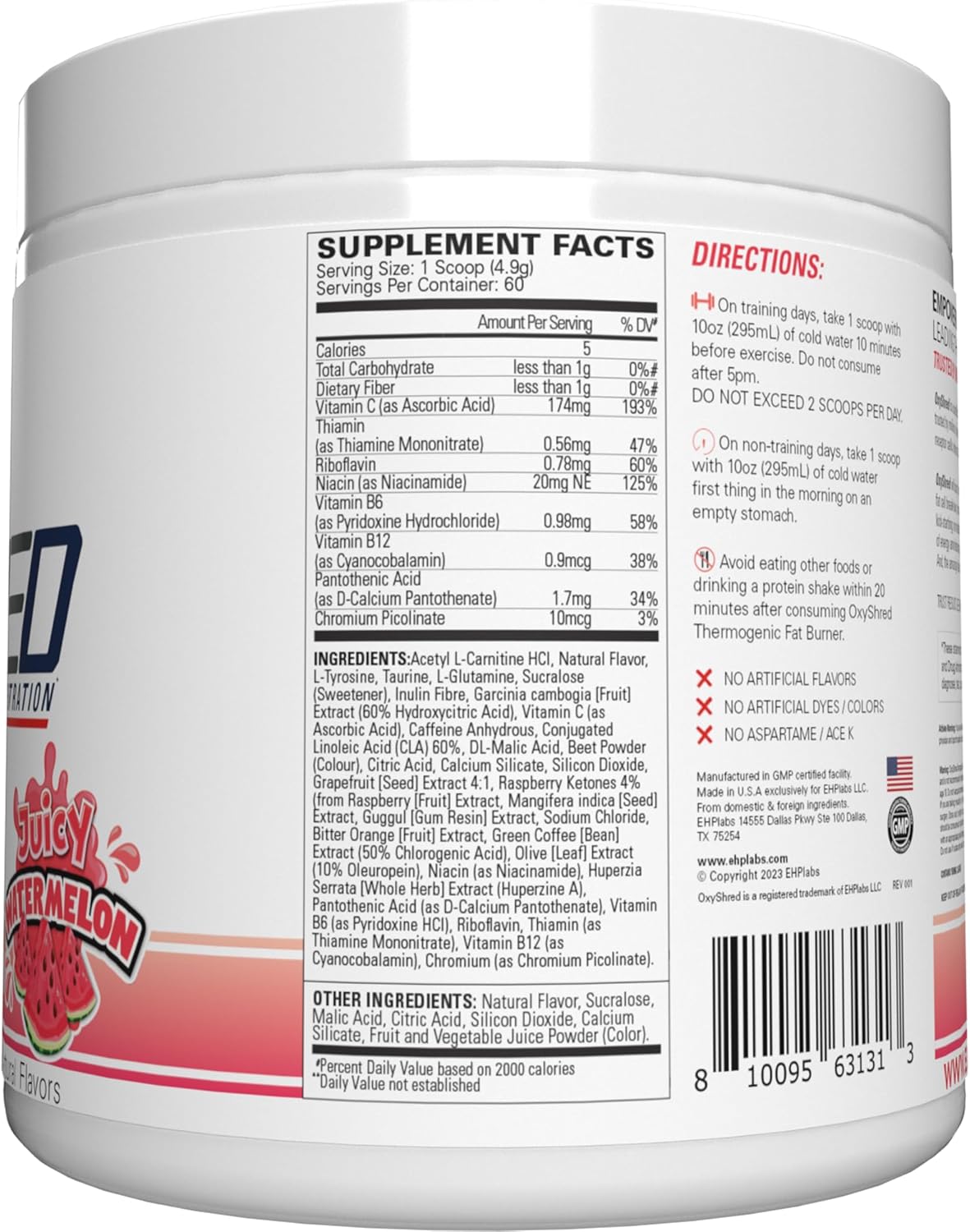 EHP Labs OxyShred Pre Workout Powder - Energy Boost Drink with L Glutamine & Acetyl L Carnitine, Juicy Watermelon Flavor, 60 Servings