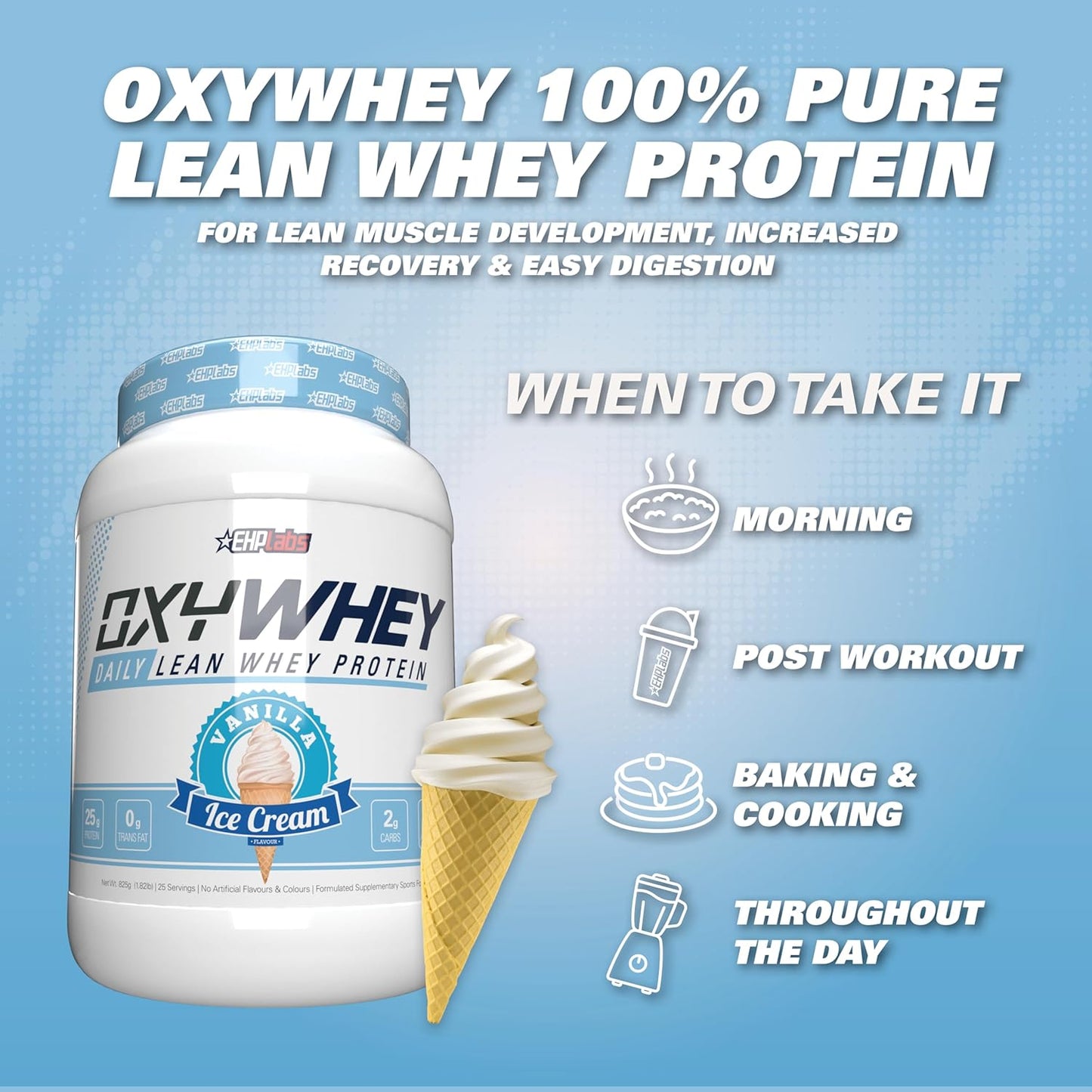 EHP Labs OxyWhey Vanilla Ice Cream Whey Protein Isolate Powder - 25 Servings, Sugar-Free Meal Replacement Shake with 25g of Protein