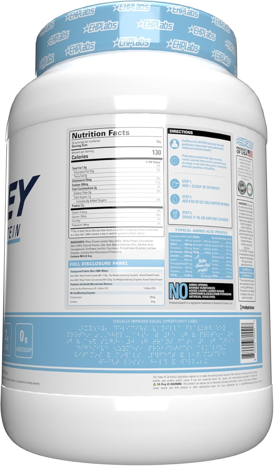 EHP Labs OxyWhey Vanilla Ice Cream Whey Protein Isolate Powder - 25 Servings, Sugar-Free Meal Replacement Shake with 25g of Protein