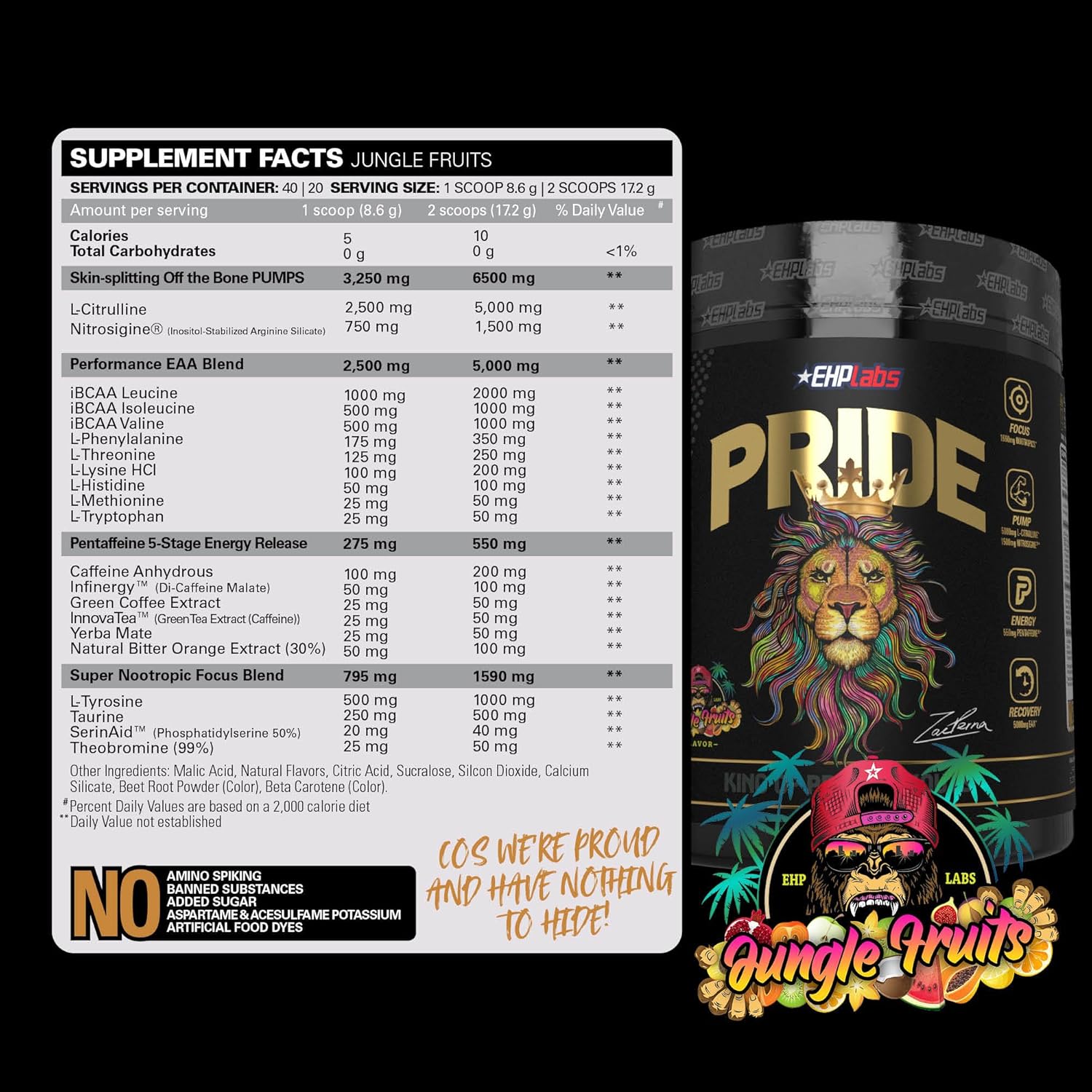 EHP Labs Pride Pre Workout Powder Energy Supplement - Jungle Fruits Flavor - Sugar-Free Preworkout with BCAA and 280mg Caffeine - 40 Servings for Men and Women