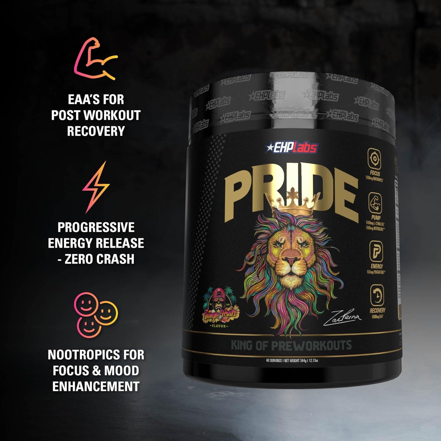 EHP Labs Pride Pre Workout Powder Energy Supplement - Jungle Fruits Flavor - Sugar-Free Preworkout with BCAA and 280mg Caffeine - 40 Servings for Men and Women