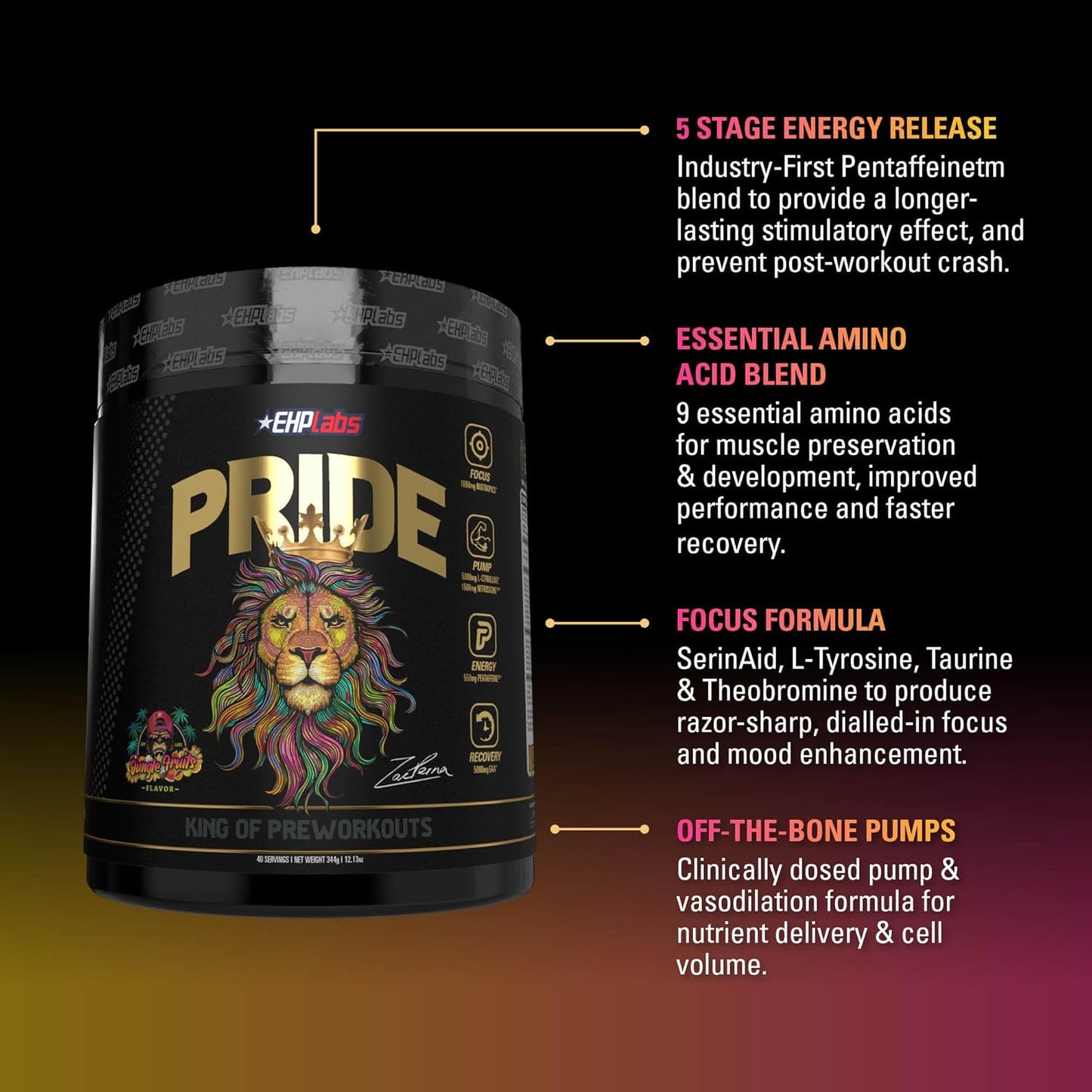 EHP Labs Pride Pre Workout Powder Energy Supplement - Jungle Fruits Flavor - Sugar-Free Preworkout with BCAA and 280mg Caffeine - 40 Servings for Men and Women