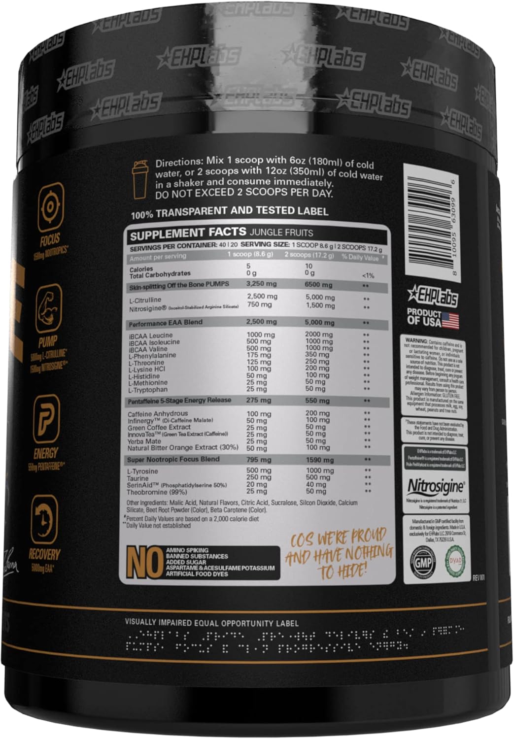 EHP Labs Pride Pre Workout Powder Energy Supplement - Jungle Fruits Flavor - Sugar-Free Preworkout with BCAA and 280mg Caffeine - 40 Servings for Men and Women