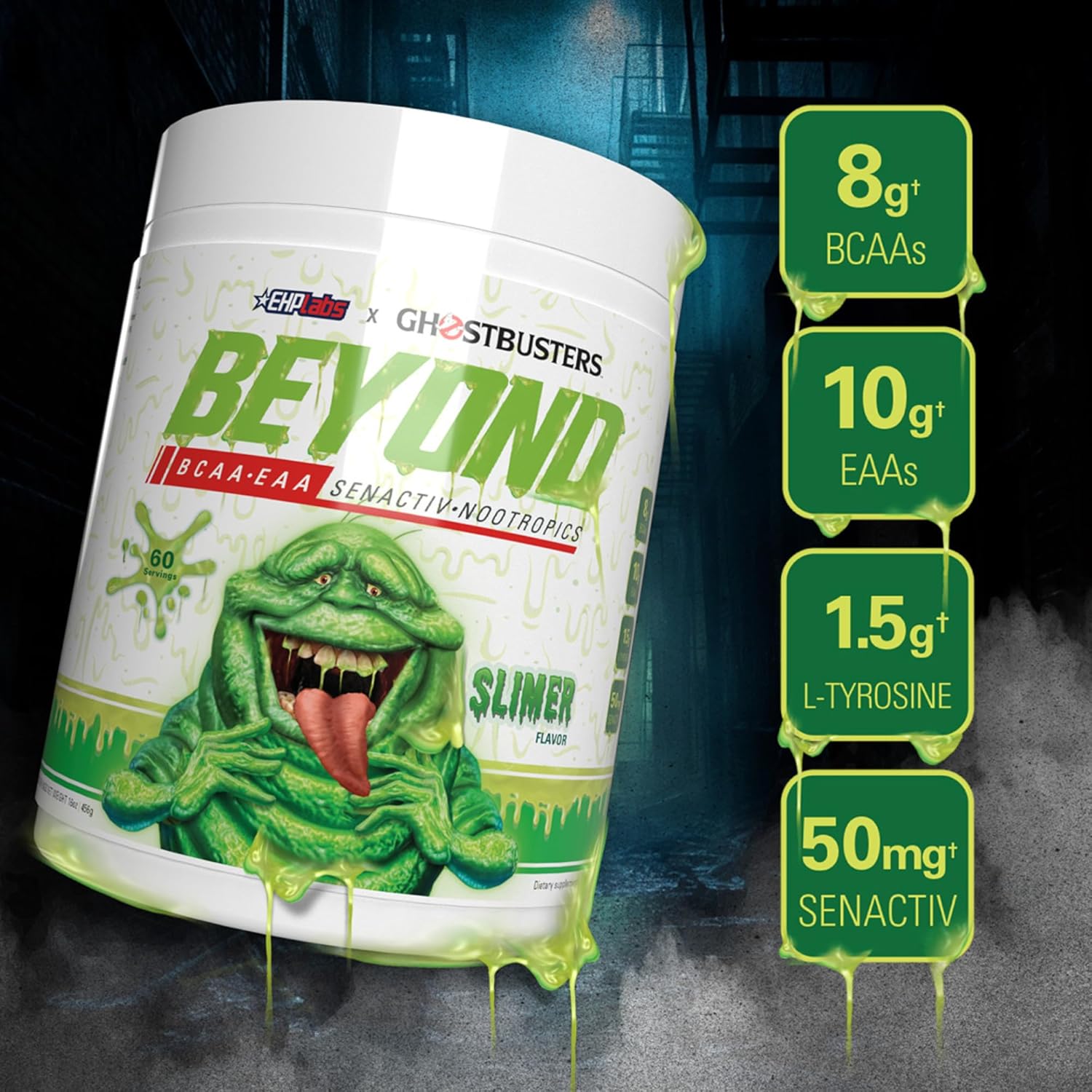 EHP Labs x Ghostbusters Beyond BCAA Powder - Sugar Free Amino Acids Supplement for Muscle Recovery - 60 Servings, Slimer Lime Flavor