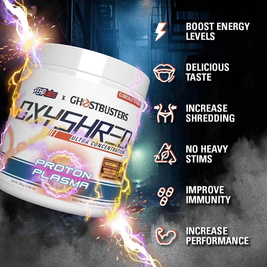 EHP Labs x Ghostbusters OxyShred Pre Workout Powder with Acetyl L Carnitine - Energy Boost Drink for Shredding, Proton Plasma, 60 Servings