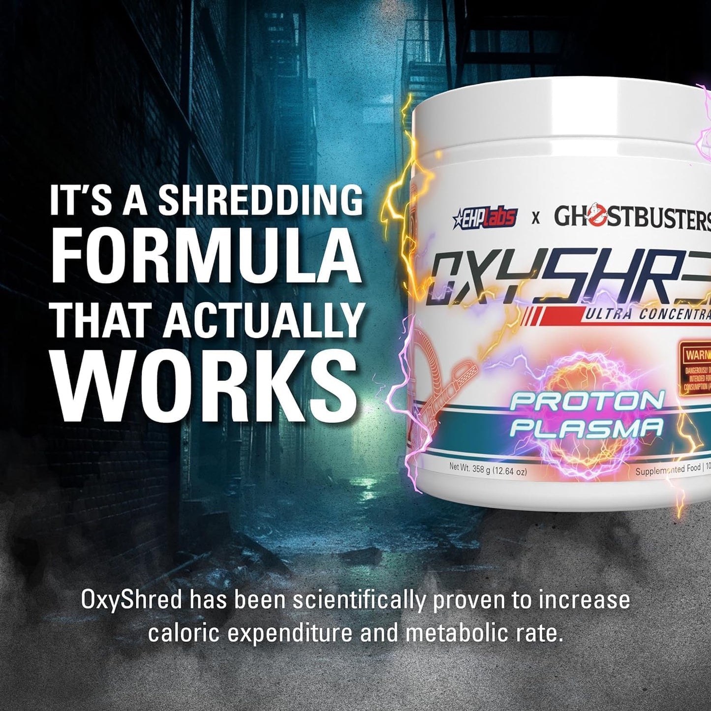 EHP Labs x Ghostbusters OxyShred Pre Workout Powder with Acetyl L Carnitine - Energy Boost Drink for Shredding, Proton Plasma, 60 Servings