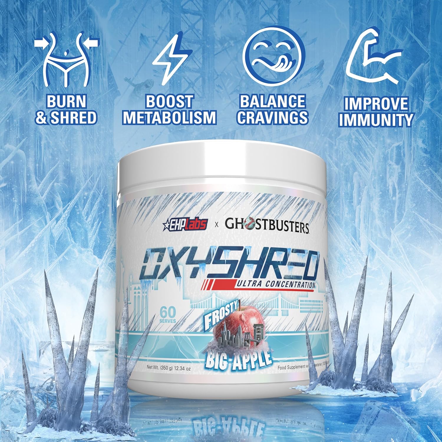 EHP Labs x Ghostbusters OxyShred Pre Workout Powder Supplement - Frosty Big Apple Flavor with Acetyl L Carnitine for Energy Boost - 60 Servings