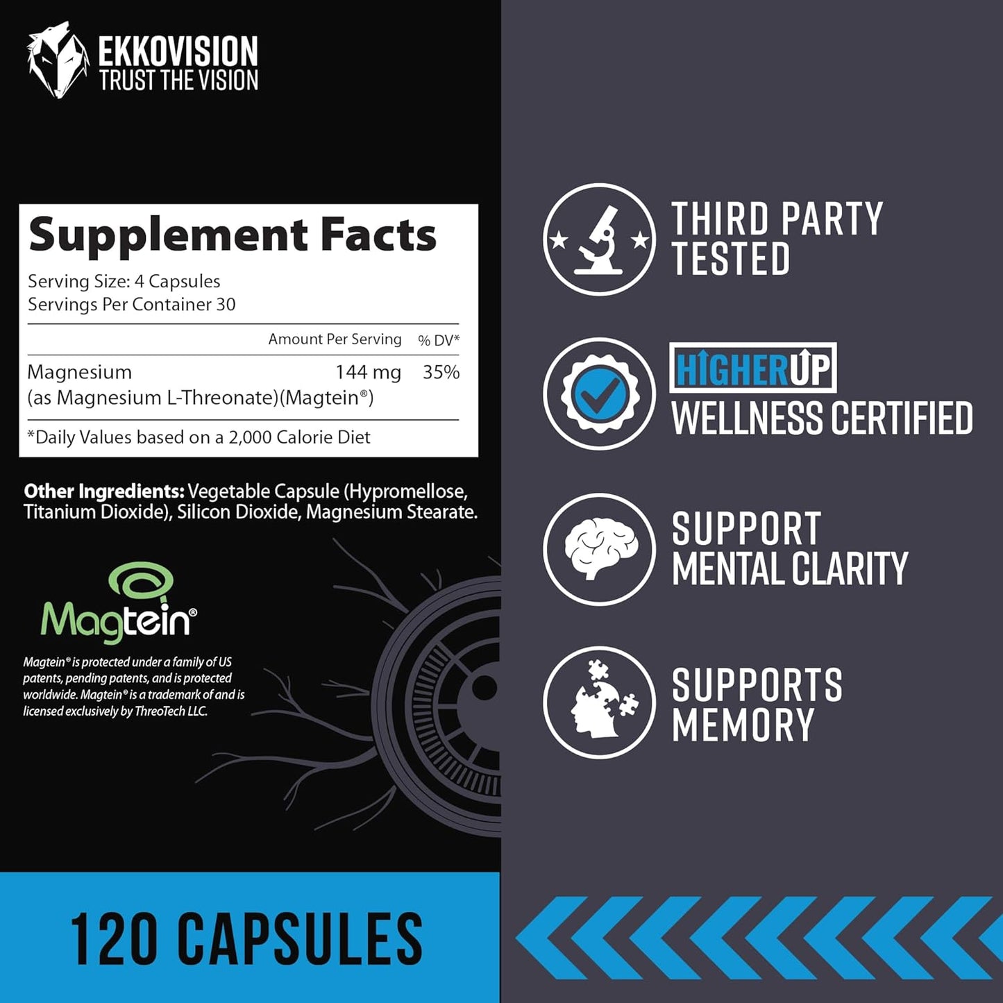 Ekkovision Ekko x Higher Up Magtein Magnesium L-Threonate for Memory & Cognitive Function, 2000 MG, 120 Capsules