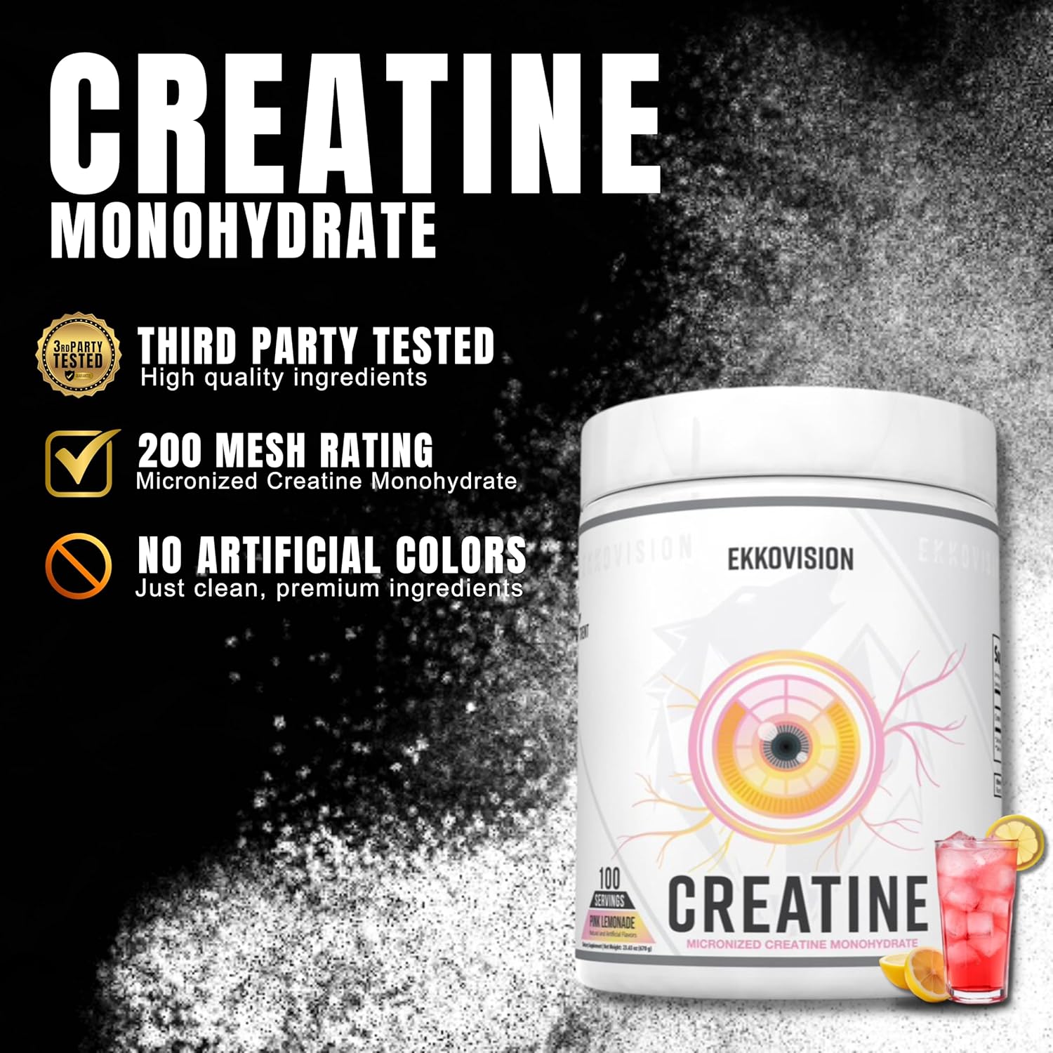Ekkovision Pink Lemonade Creatine Monohydrate Powder - Pre & Post Workout Supplement for Energy Support - 100 Servings