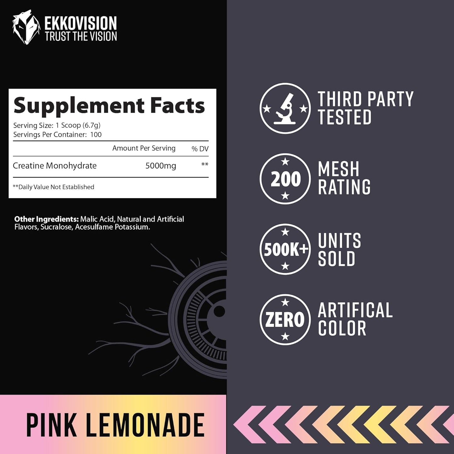 Ekkovision Pink Lemonade Creatine Monohydrate Powder - Pre & Post Workout Supplement for Energy Support - 100 Servings