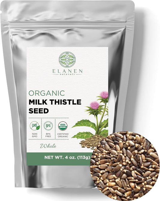 Elanen Naturals Organic Milk Thistle Seeds 4 oz - USDA Certified Semillas de Mariano - Bulk Dried Silybum Marianum Seeds