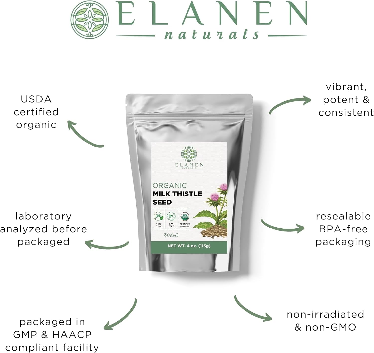 Elanen Naturals Organic Milk Thistle Seeds 4 oz - USDA Certified Semillas de Mariano - Bulk Dried Silybum Marianum Seeds