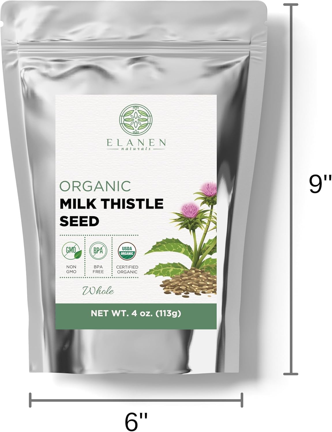 Elanen Naturals Organic Milk Thistle Seeds 4 oz - USDA Certified Semillas de Mariano - Bulk Dried Silybum Marianum Seeds