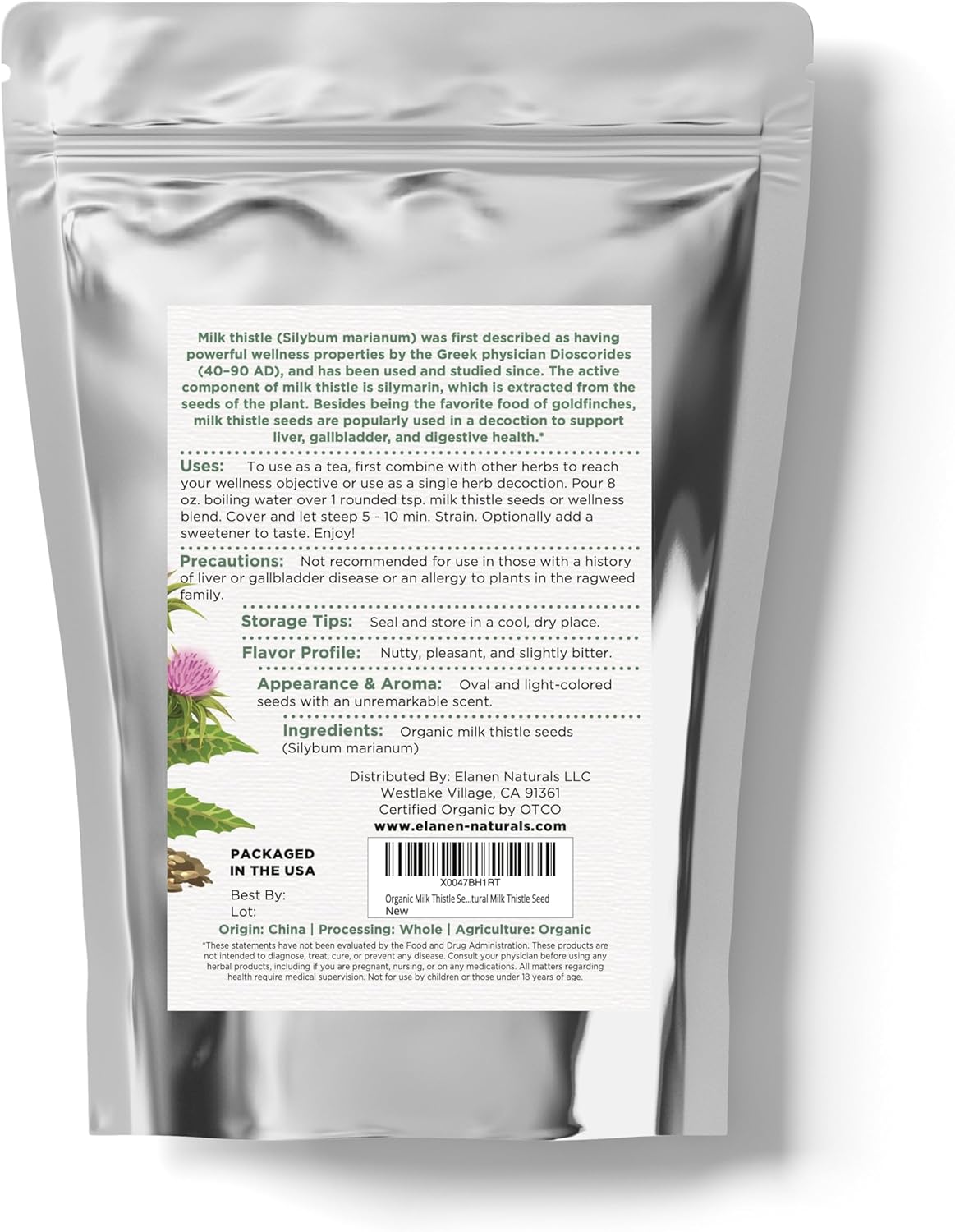 Elanen Naturals Organic Milk Thistle Seeds 4 oz - USDA Certified Semillas de Mariano - Bulk Dried Silybum Marianum Seeds