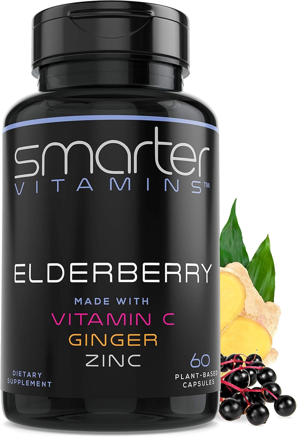 Elderberry Capsules with Vitamin C, Ginger, and Zinc - Antioxidant Herbal Supplement with Black Elder Berry Extract - 60 Vegan Pills