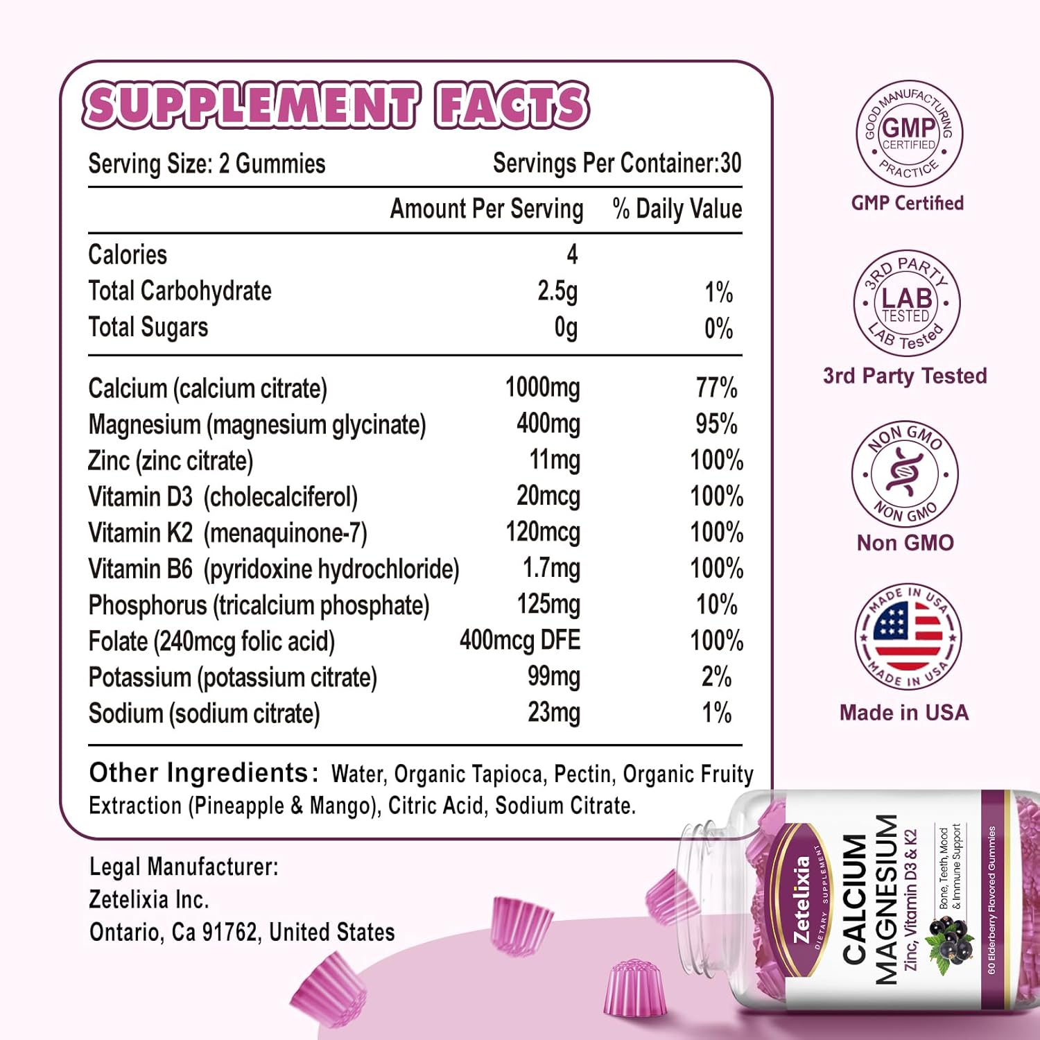 Elderberry Flavored Calcium Gummies with Vitamin D3 & K2 for Bones and Joints - 60 Count