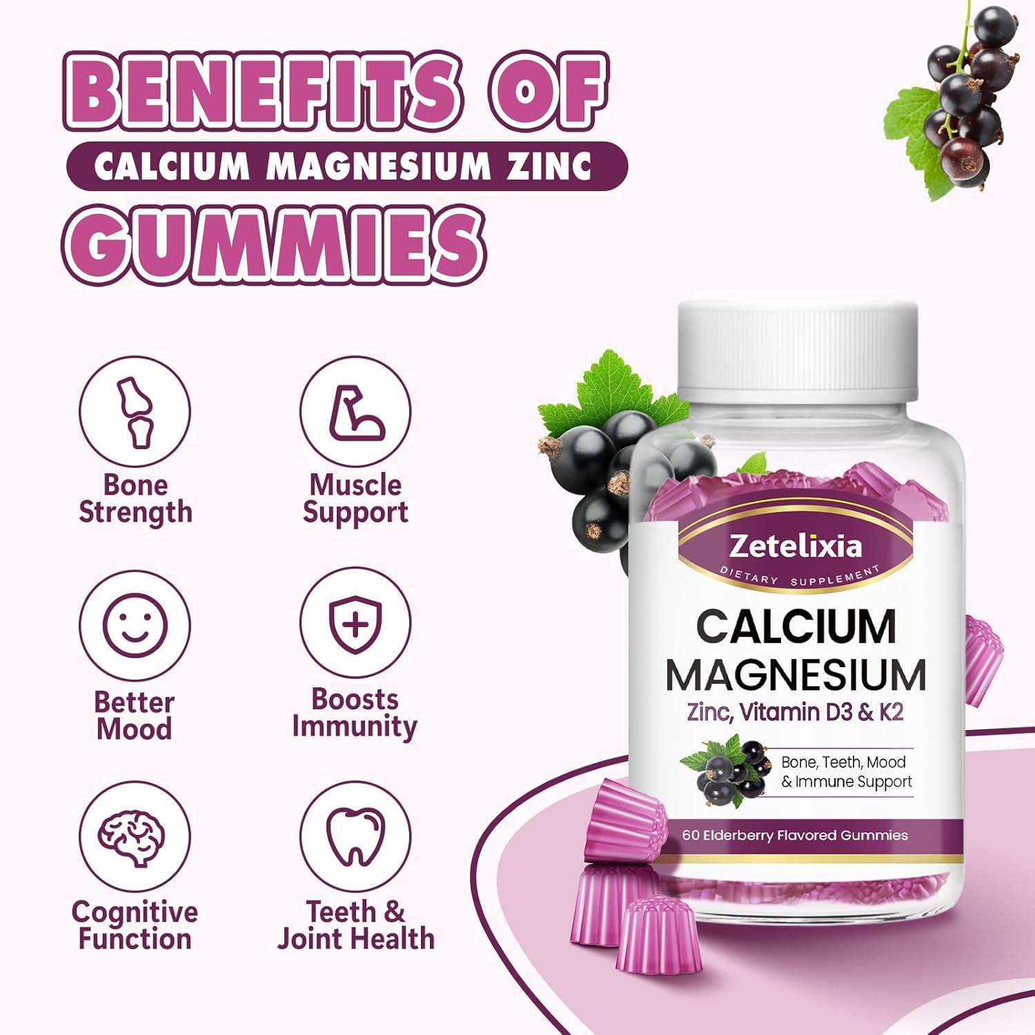 Elderberry Flavored Calcium Gummies with Vitamin D3 & K2 for Bones and Joints - 60 Count