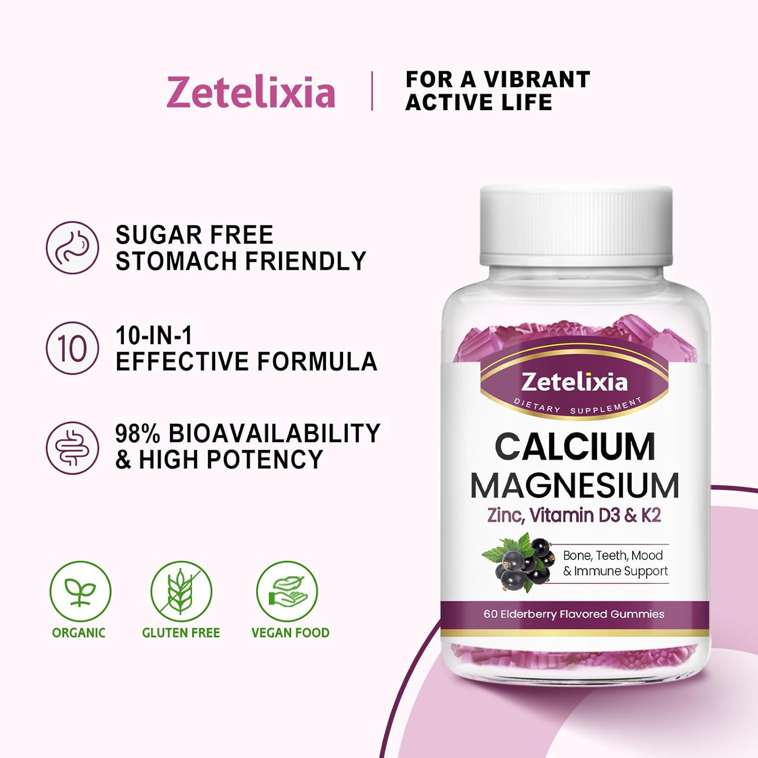 Elderberry Flavored Calcium Gummies with Vitamin D3 & K2 for Bones and Joints - 60 Count