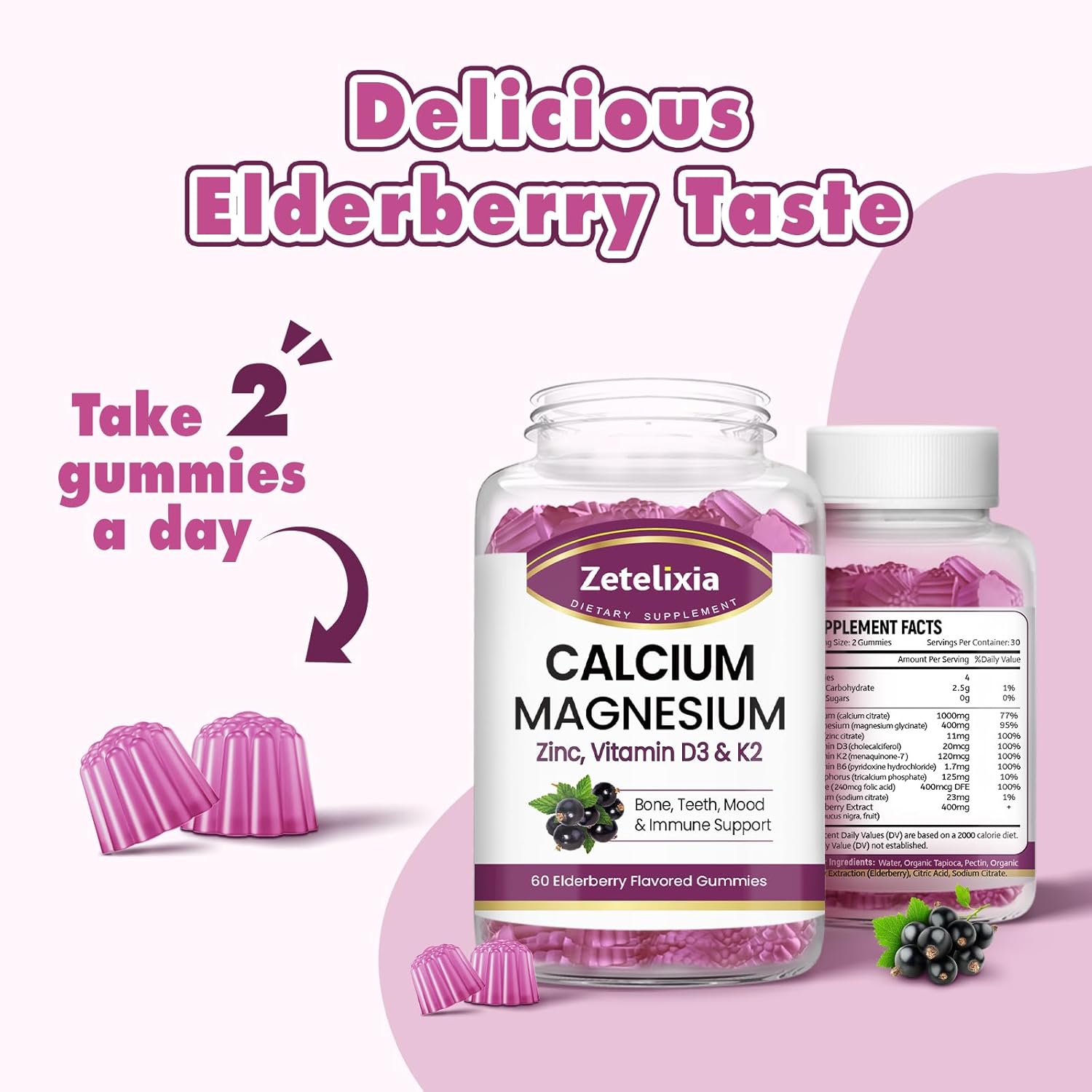 Elderberry Flavored Calcium Gummies with Vitamin D3 & K2 for Bones and Joints - 60 Count
