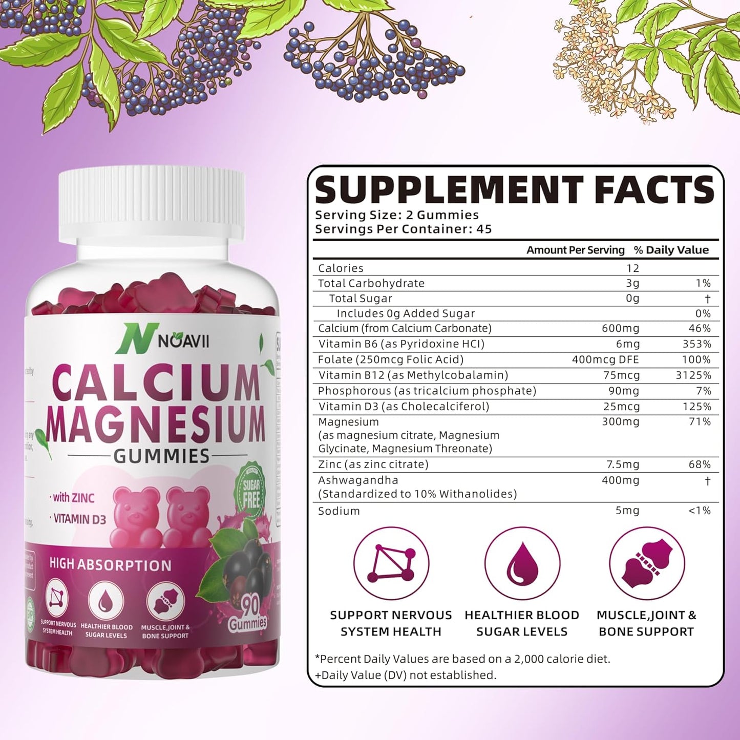 Elderberry Flavored Calcium Magnesium Zinc Gummies with Vitamin D3 and Ashwagandha - 90 Count - High Potency and Enhanced Absorption Formula