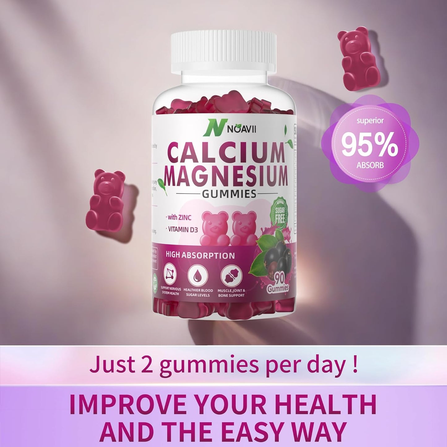 Elderberry Flavored Calcium Magnesium Zinc Gummies with Vitamin D3 and Ashwagandha - 90 Count - High Potency and Enhanced Absorption Formula