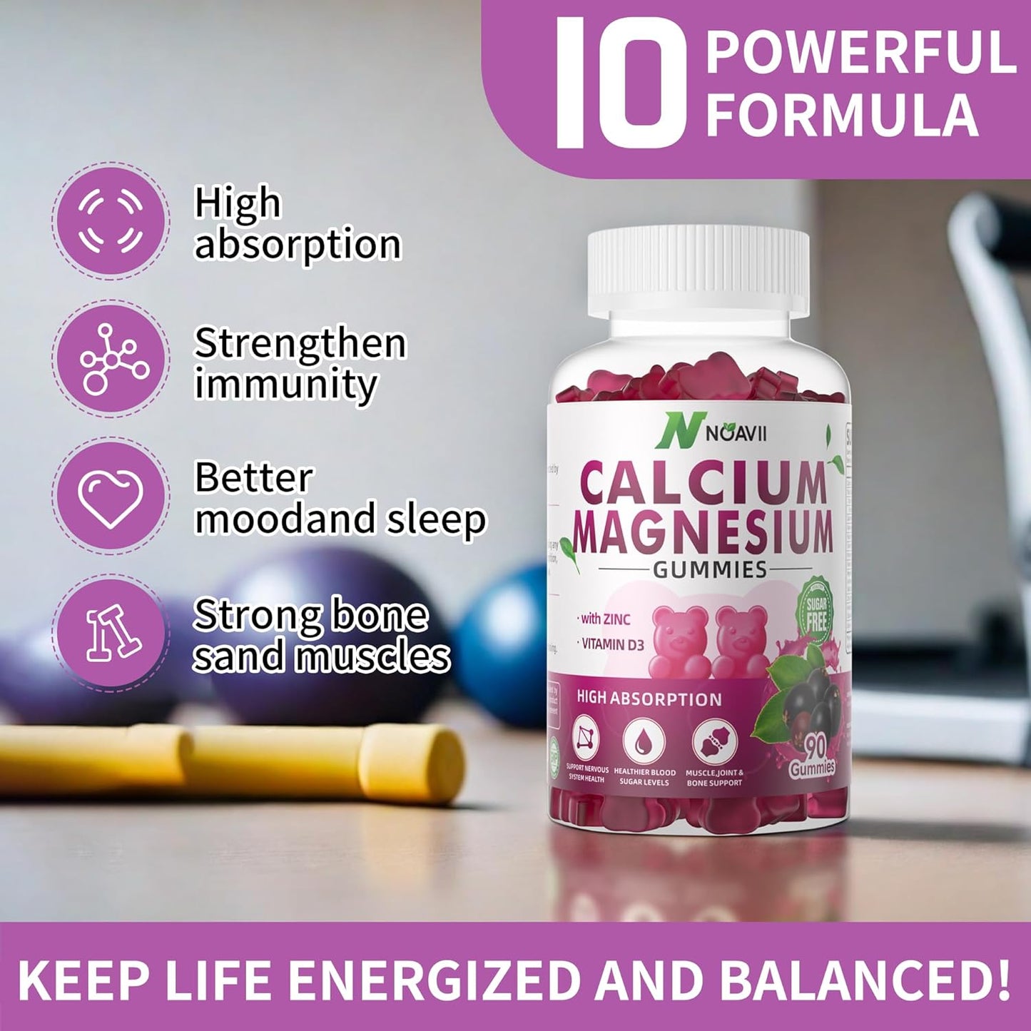 Elderberry Flavored Calcium Magnesium Zinc Gummies with Vitamin D3 and Ashwagandha - 90 Count - High Potency and Enhanced Absorption Formula