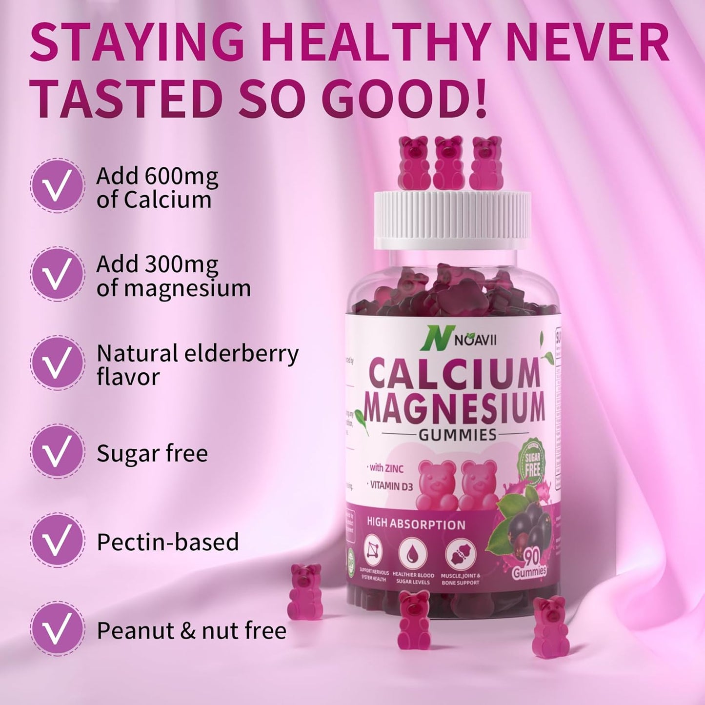 Elderberry Flavored Calcium Magnesium Zinc Gummies with Vitamin D3 and Ashwagandha - 90 Count - High Potency and Enhanced Absorption Formula