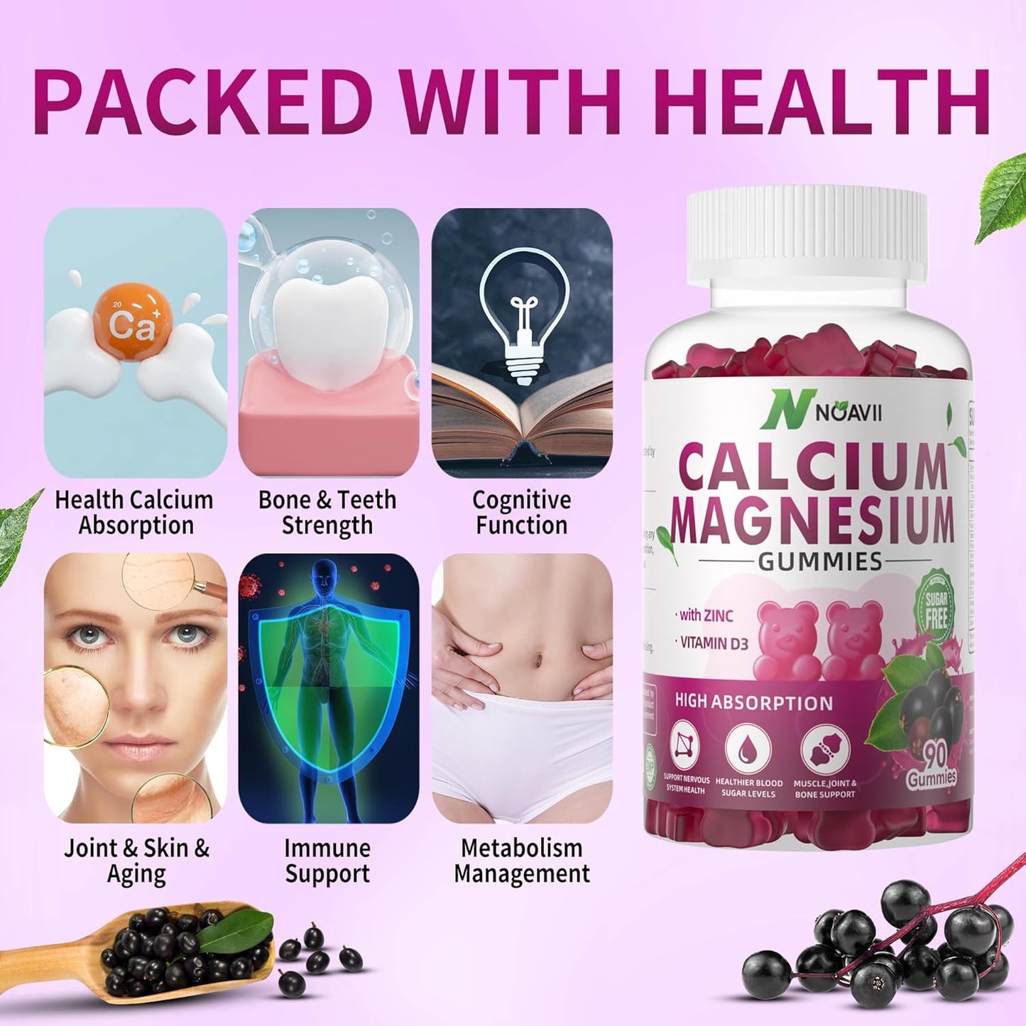 Elderberry Flavored Calcium Magnesium Zinc Gummies with Vitamin D3 and Ashwagandha - 90 Count - High Potency and Enhanced Absorption Formula