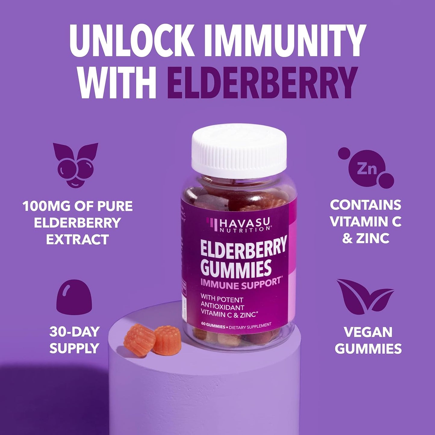 Elderberry Gummies for Adults with Vitamin C and Zinc - Immune Support Supplement - 60 Count, Berry Flavor - Daily Defense Formula