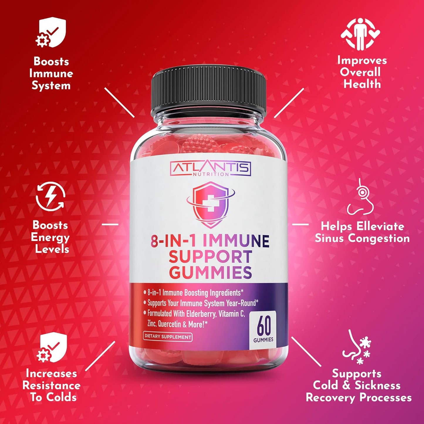 Elderberry Immune Support Gummies with Quercetin, Zinc, Vitamin C - 8-in-1 Immunity Boost for Adults & Kids - 60 Count