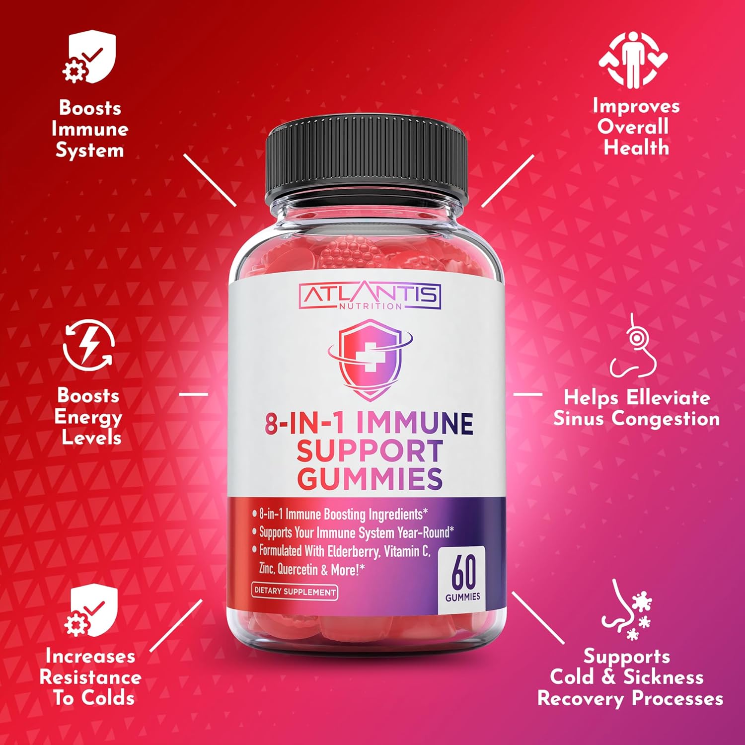 Elderberry Immune Support Gummies with Quercetin, Zinc, Vitamin C - 8-in-1 Immunity Boost for Adults & Kids - 60 Count