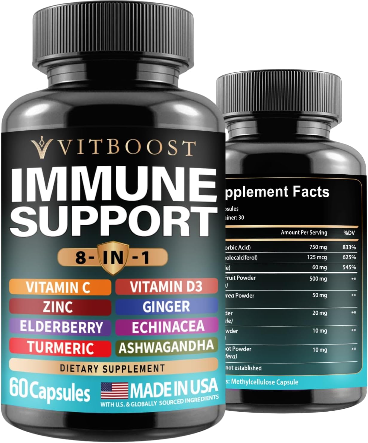 Elderberry Immune Support Supplement with Echinacea, Vitamin C, Zinc, D3, Turmeric, Ginger, Ashwagandha - 60 Capsules
