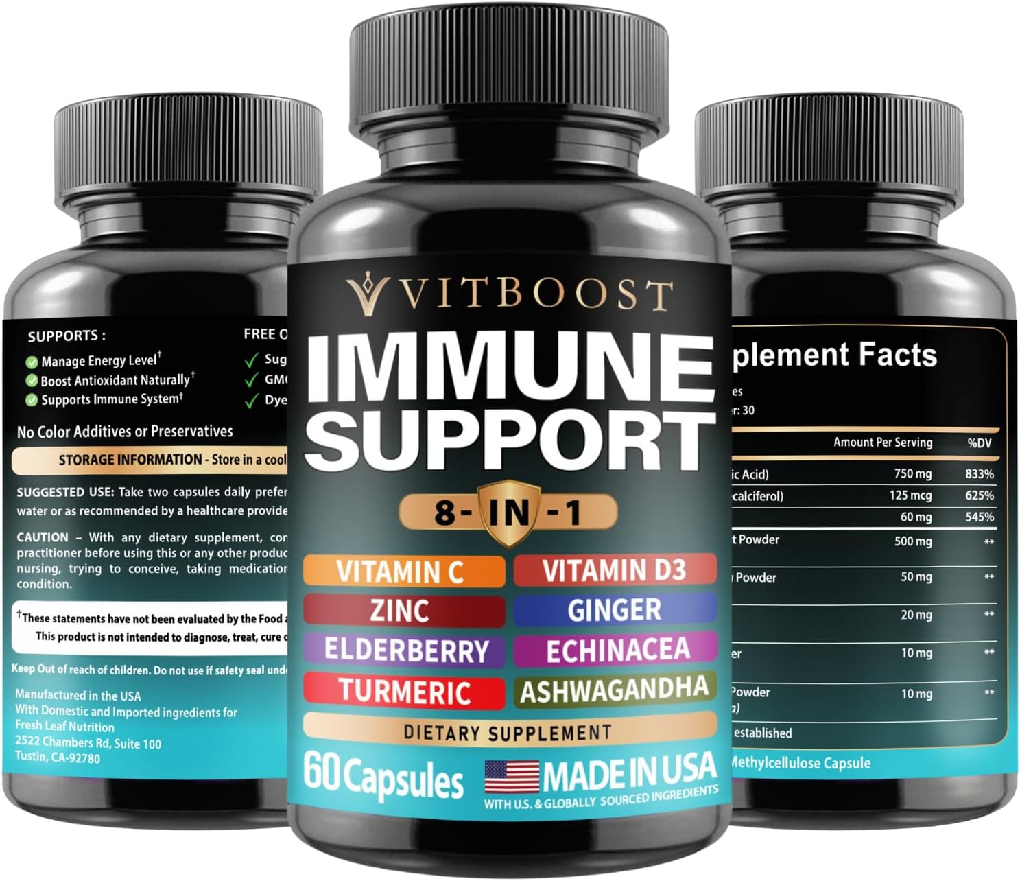 Elderberry Immune Support Supplement with Echinacea, Vitamin C, Zinc, D3, Turmeric, Ginger, Ashwagandha - 60 Capsules