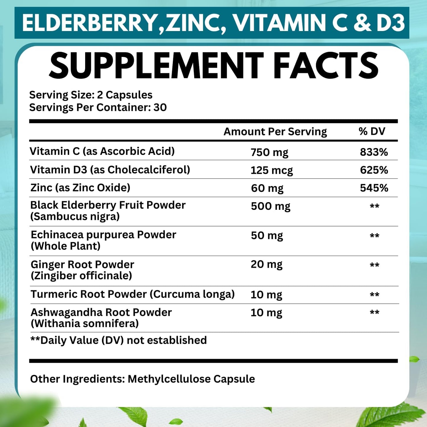 Elderberry Immune Support Supplement with Echinacea, Vitamin C, Zinc, D3, Turmeric, Ginger, Ashwagandha - 60 Capsules