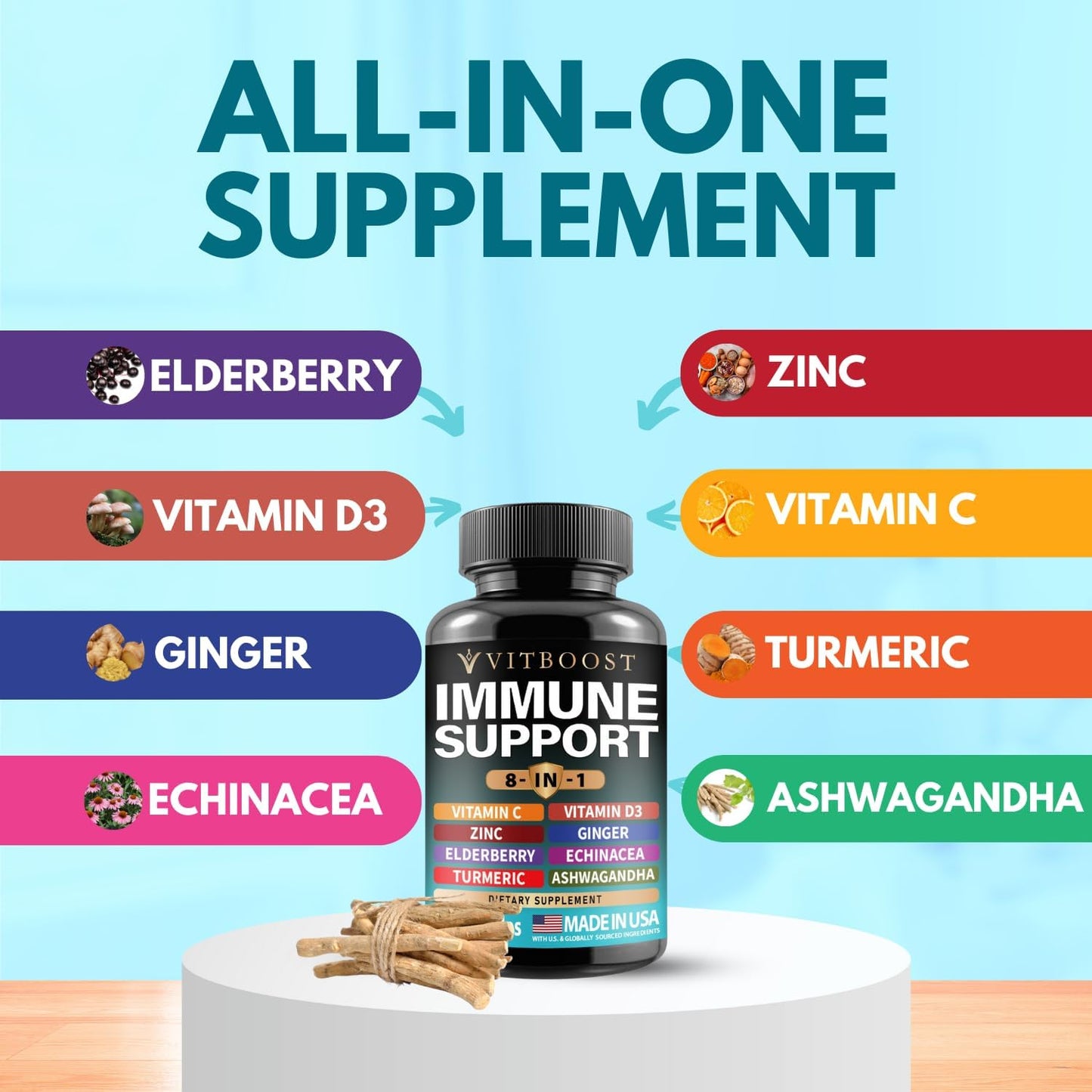 Elderberry Immune Support Supplement with Echinacea, Vitamin C, Zinc, D3, Turmeric, Ginger, Ashwagandha - 60 Capsules