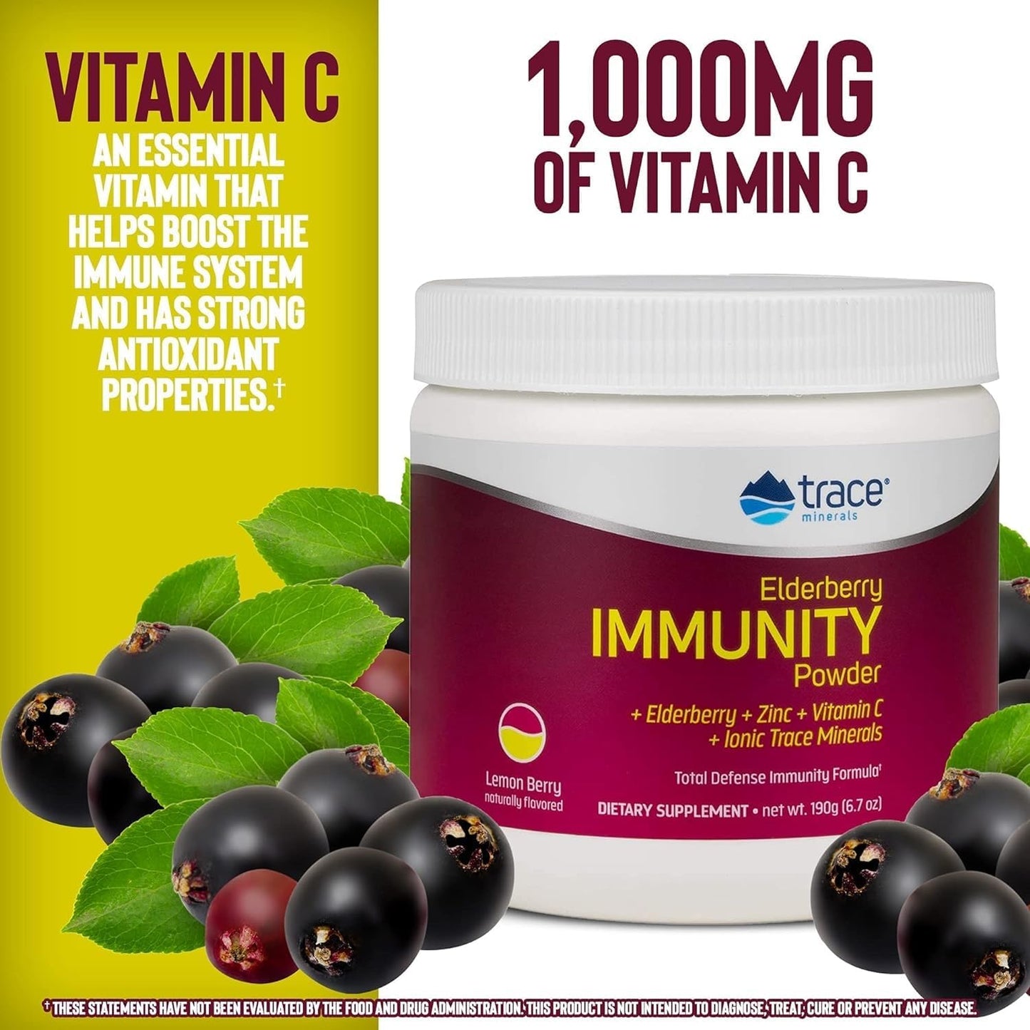 Elderberry Immunity Drink with Trace Minerals - Antioxidant Support for Heart Health - Lemon Berry Flavor, 6.7 oz