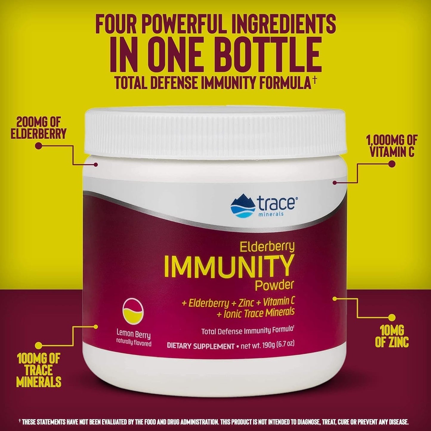 Elderberry Immunity Drink with Trace Minerals - Antioxidant Support for Heart Health - Lemon Berry Flavor, 6.7 oz
