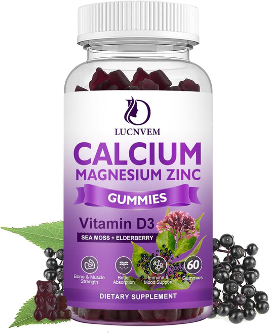 Elderberry Sea Moss Gummies with Calcium, Magnesium, Zinc, Potassium, Vitamin D3 - Sugar Free, Supports Bones, Muscles, Mood, Sleep - 60 Gummies