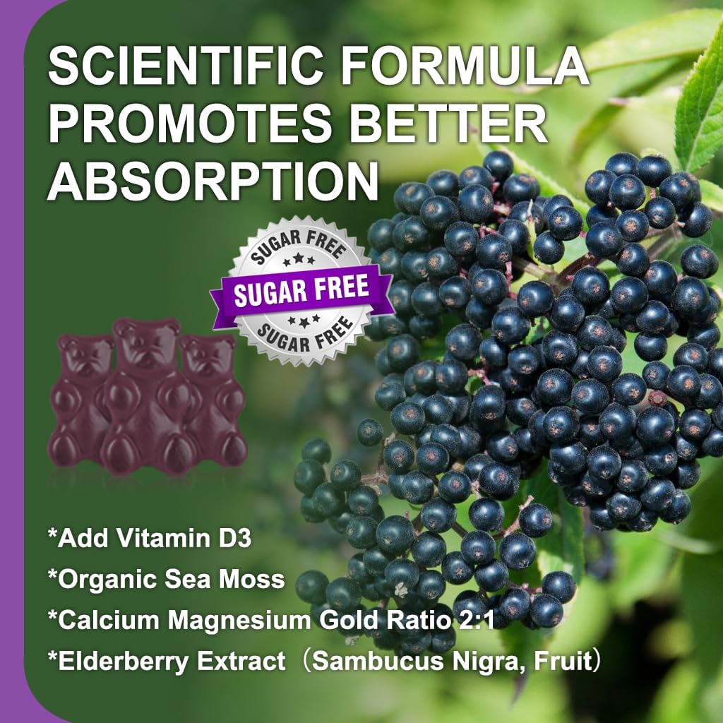 Elderberry Sea Moss Gummies with Calcium, Magnesium, Zinc, Potassium, Vitamin D3 - Sugar Free, Supports Bones, Muscles, Mood, Sleep - 60 Gummies