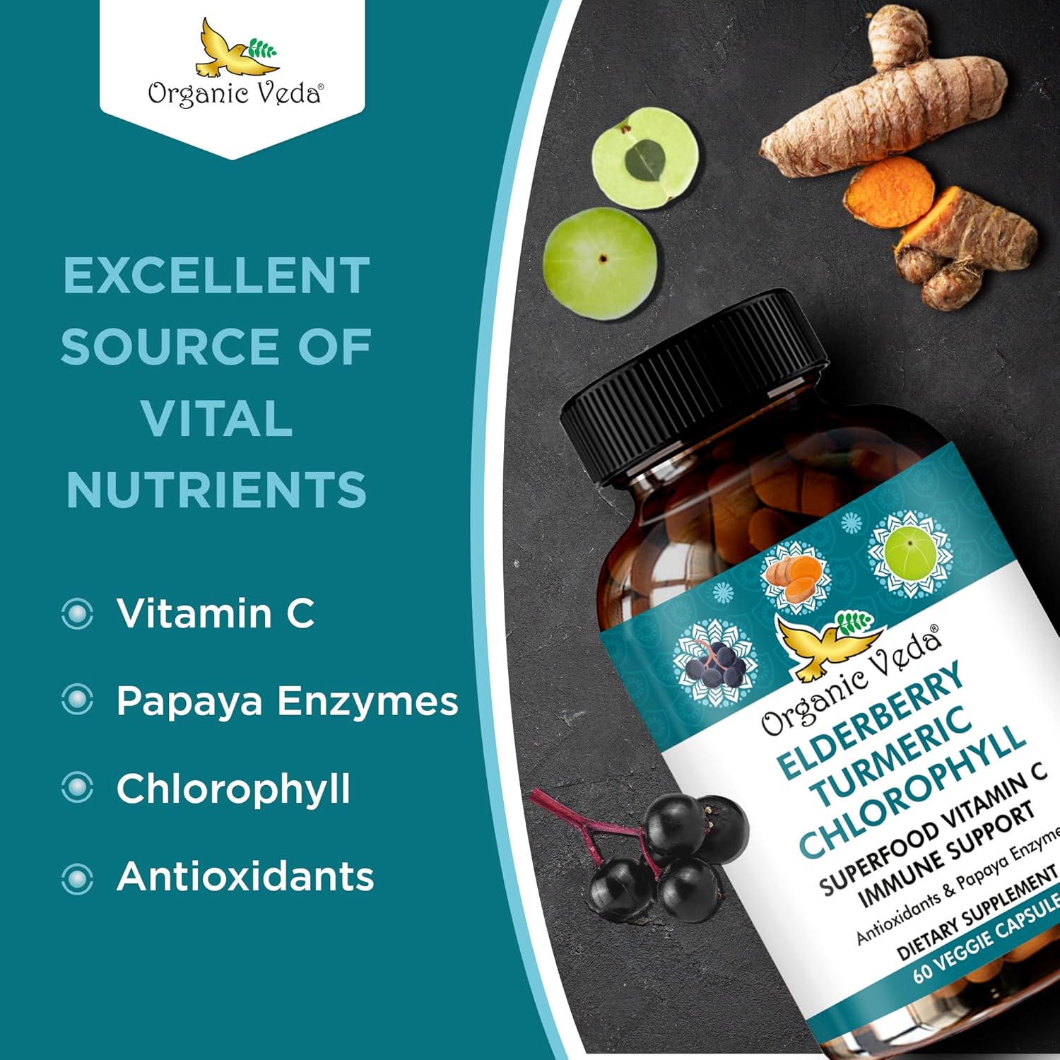 Elderberry Turmeric Chlorophyll Immune Support Supplement - Antioxidant Rich Superfood Blend with Vitamin C & Enzymes - 60 Vegan Capsules