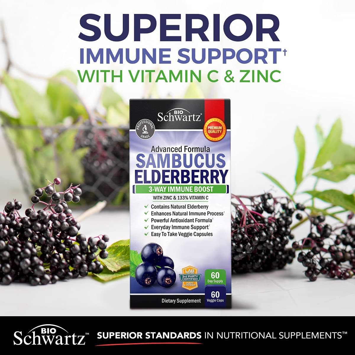Elderberry with Zinc and Vitamin C Capsules for Immune Support - Natural Black Sambucus for Women and Men - 60 Ct Gluten-Free Supplement