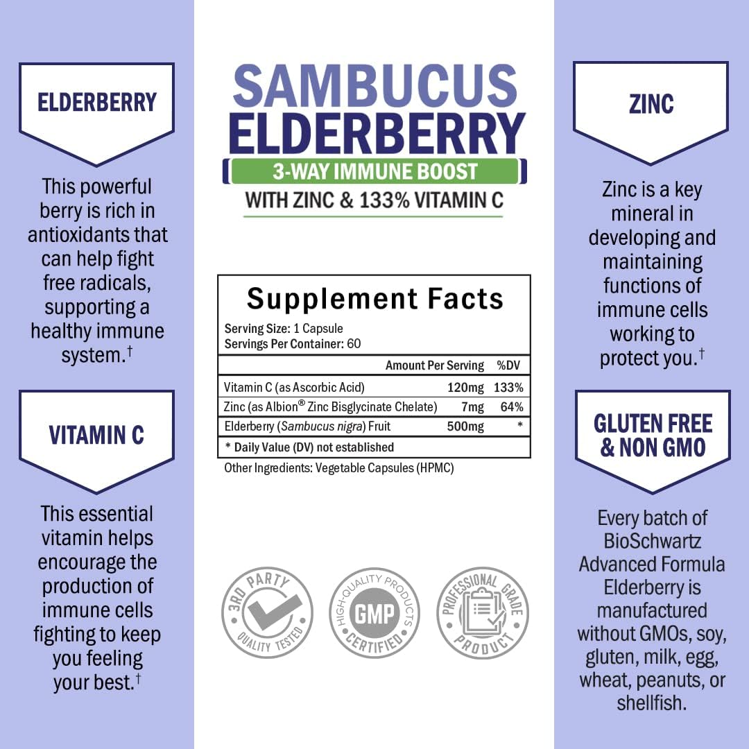Elderberry with Zinc and Vitamin C Capsules for Immune Support - Natural Black Sambucus for Women and Men - 60 Ct Gluten-Free Supplement