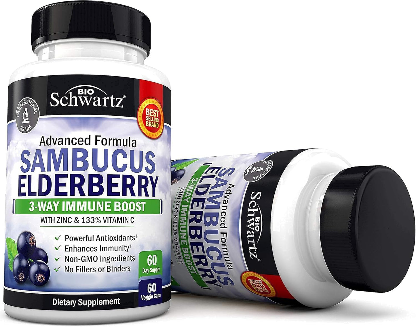Elderberry with Zinc and Vitamin C Capsules for Immune Support - Natural Black Sambucus for Women and Men - 60 Ct Gluten-Free Supplement