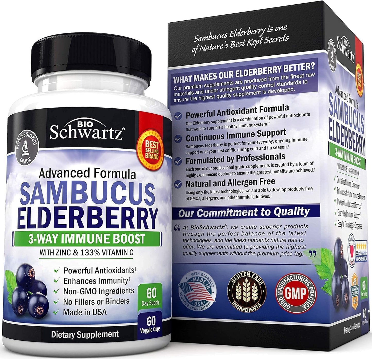Elderberry with Zinc and Vitamin C Capsules for Immune Support - Natural Black Sambucus for Women and Men - 60 Ct Gluten-Free Supplement